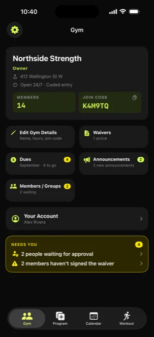 A gym owner's hub: 14 members, a join code, waivers, dues and announcements, and two people waiting for approval.