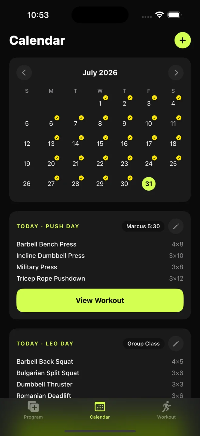 A July calendar with two workouts today, one tagged Marcus 5:30 and one tagged Group Class.