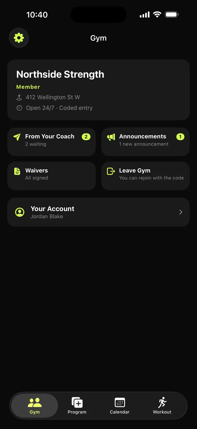 A member’s gym screen: workouts waiting from their coach, a new announcement, and waivers all signed.