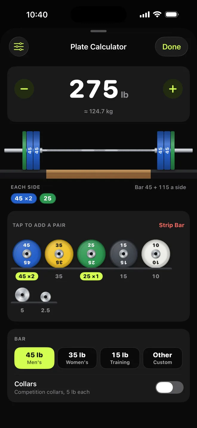 The plate calculator at 275 pounds: a barbell loaded with two blue 45-pound bumpers and a green 25 on each side, above a rack of plates to tap.