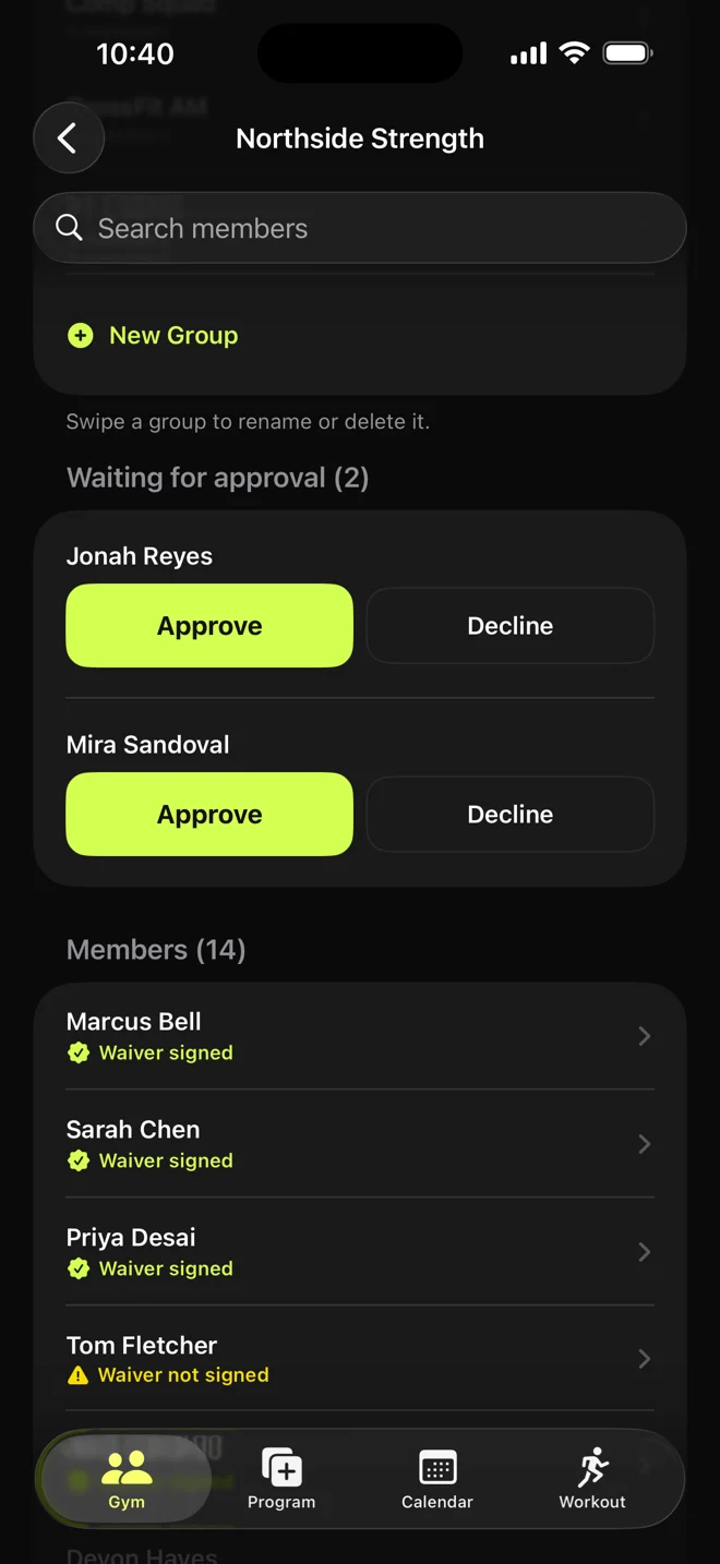 The member list for a gym: two people waiting with Approve and Decline buttons, and members marked waiver signed or not signed.