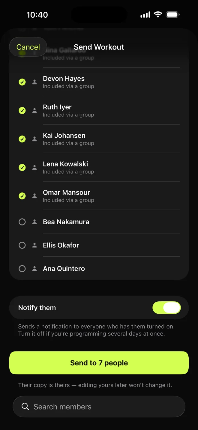 Sending a workout to seven people chosen through a group.