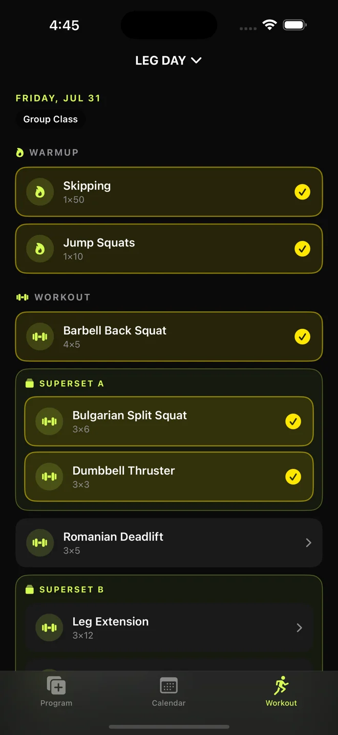 WODsoup's workout screen for Leg Day: the warmup, barbell back squat and first superset are ticked off in yellow, with more still to go.